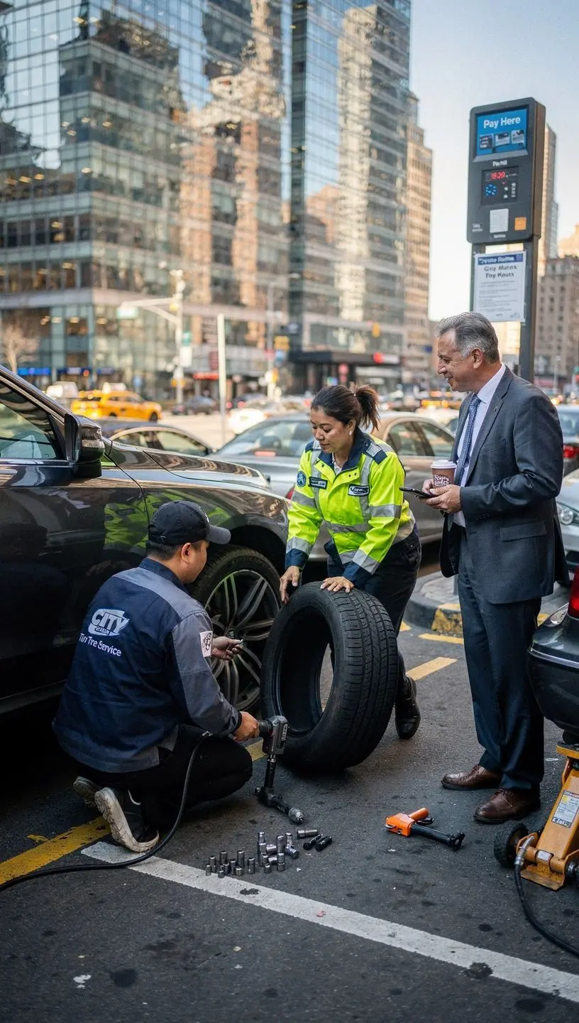 Customer receiving professional advice from a mobile tire service expert at a New York urban location.